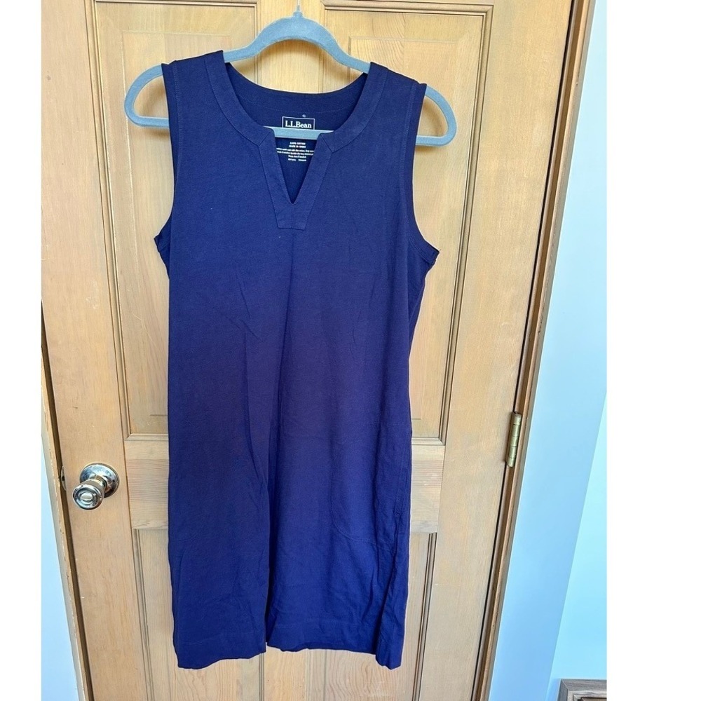 LL Bean Womens Navy Blue Cotton Sleeveless Split Neck Shift Dress S Reg Pocket